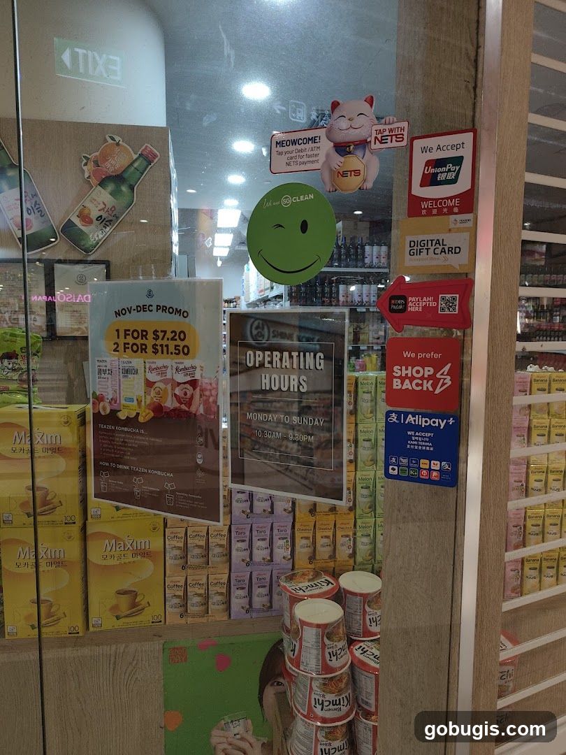 Storefront with various promotions and products