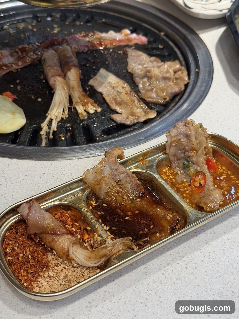 Grilling Meat and Enoki Mushrooms