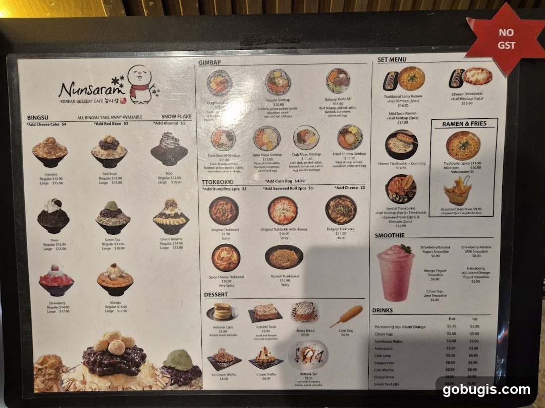 Nunsaran Korean Dessert Cafe Menu