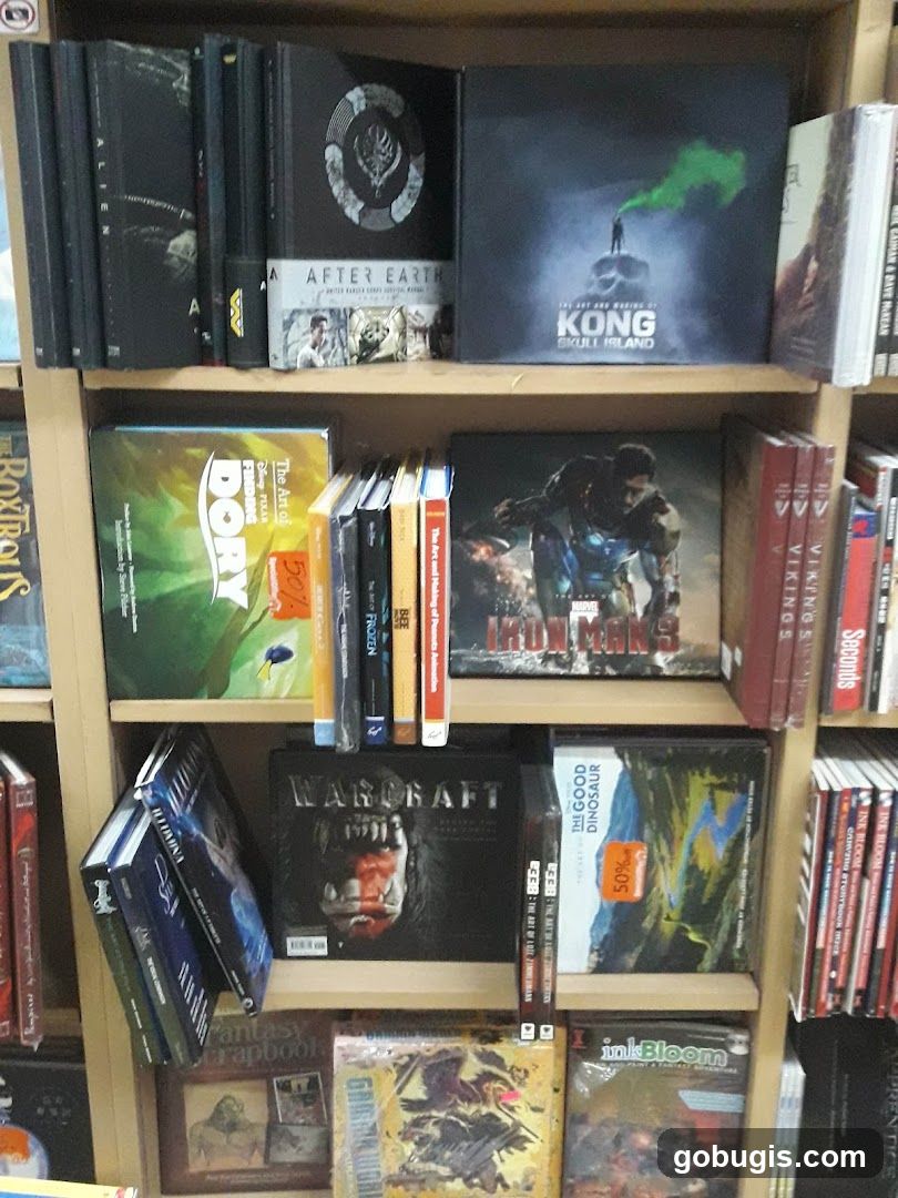Bookshelf with movie and game art books