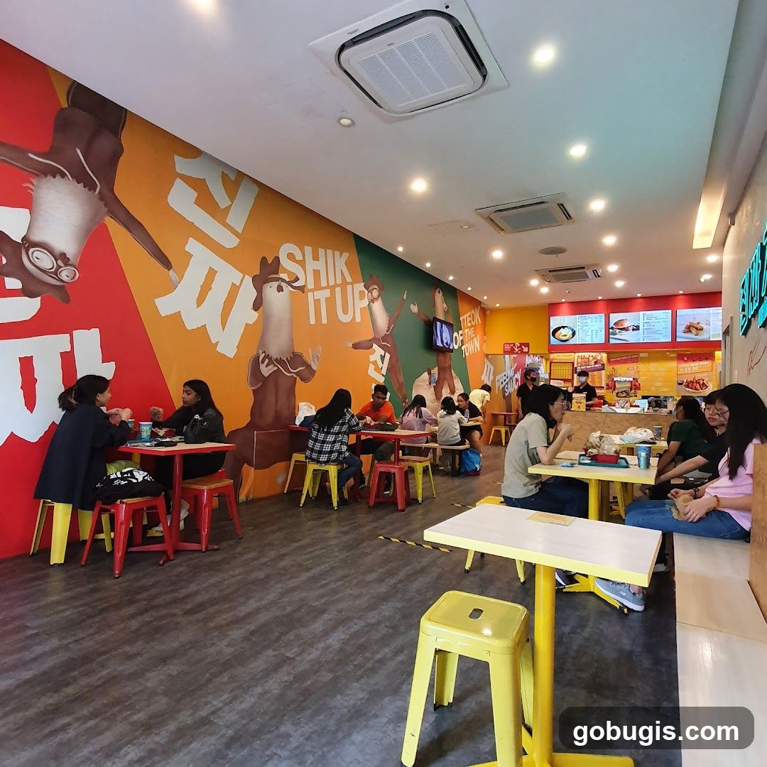 Restaurant Interior with Cartoon Chicken Mural