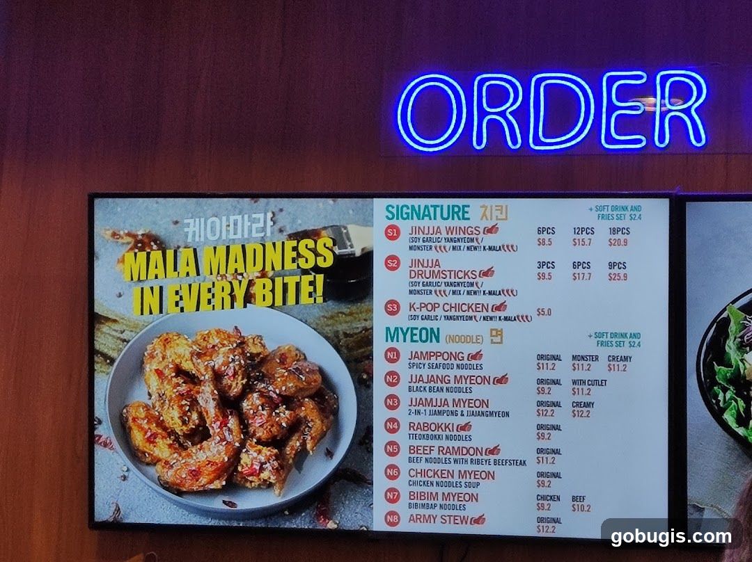 Menu with Korean Fried Chicken and Noodles