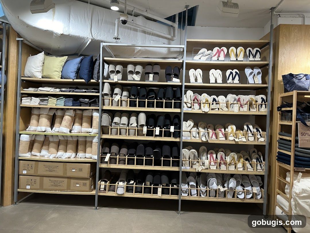 Shelves of slippers and pillows
