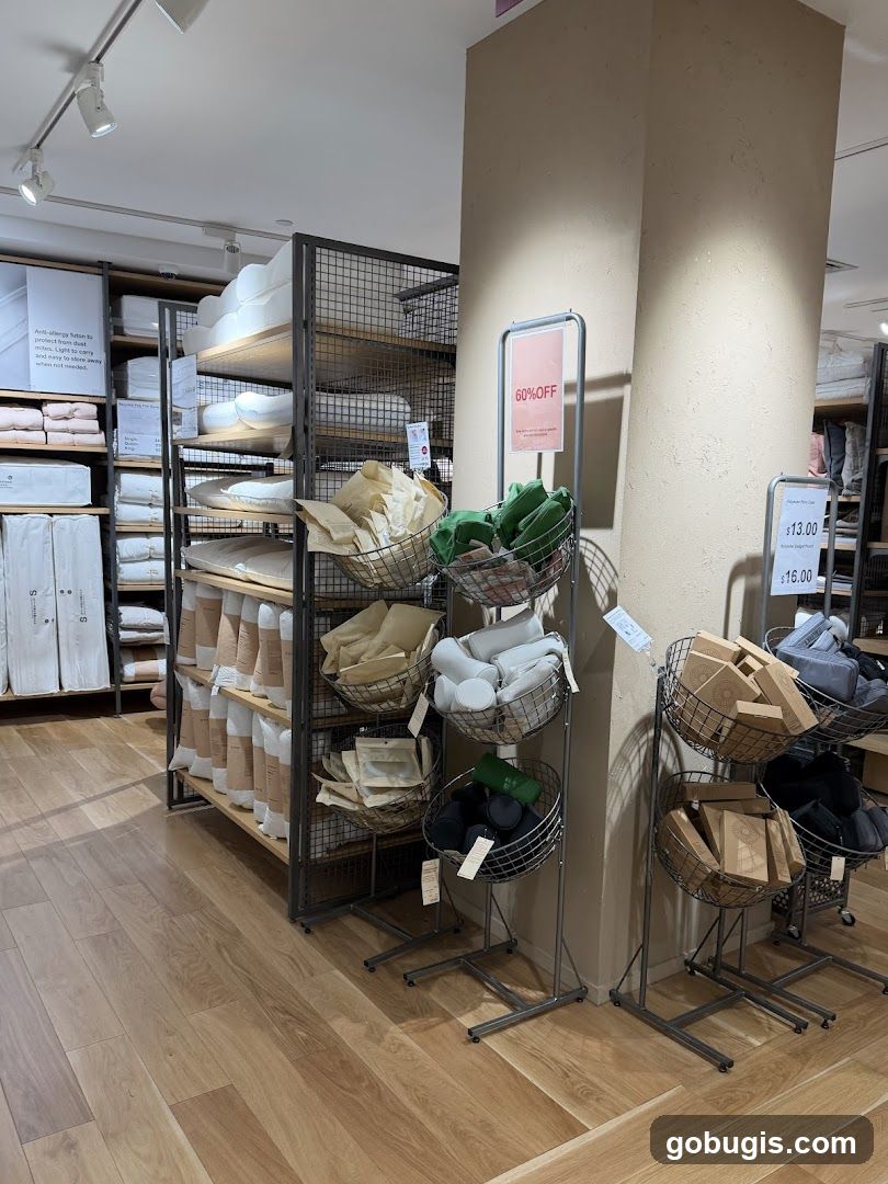 Retail display of bedding and accessories