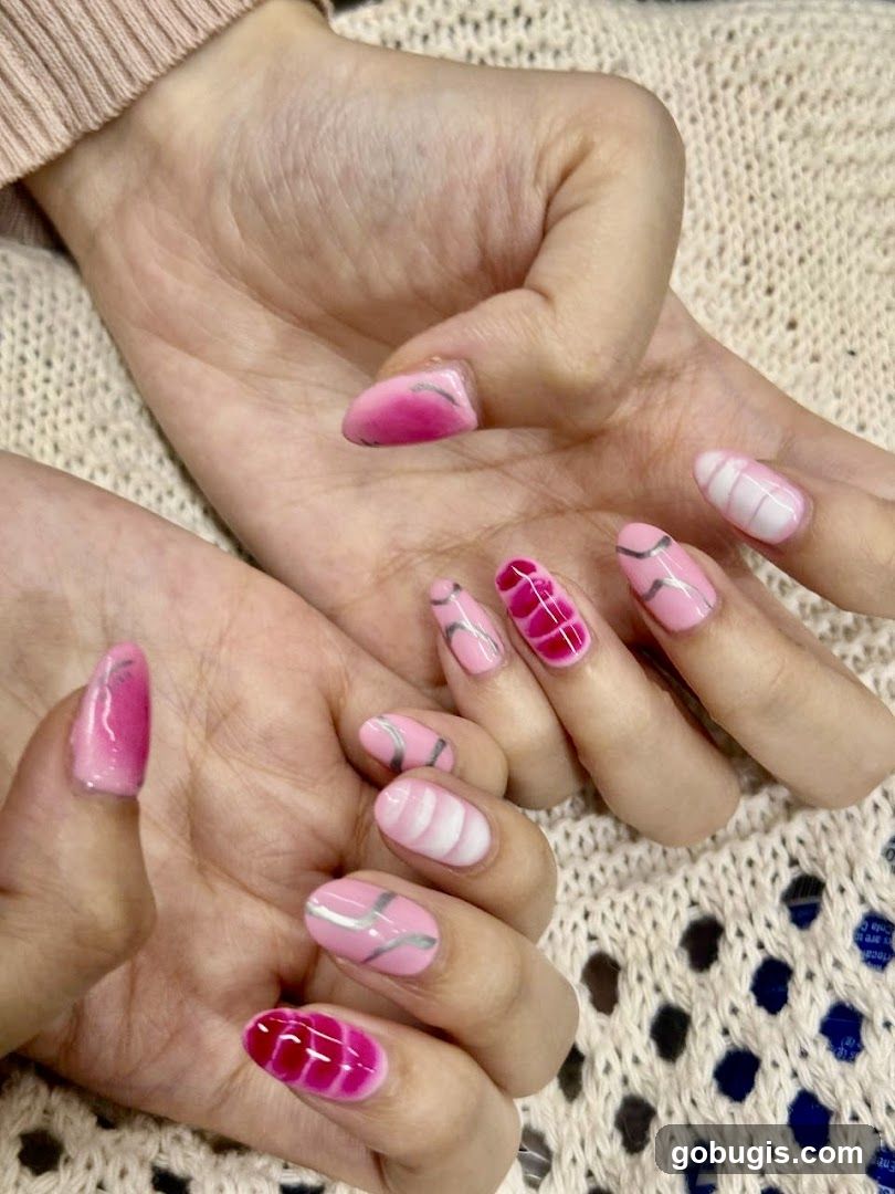 Pink and White Ombre Nails with Silver Accents