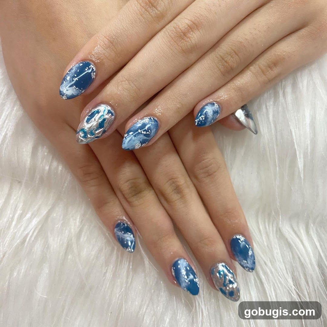 Blue and Silver Marble Nails