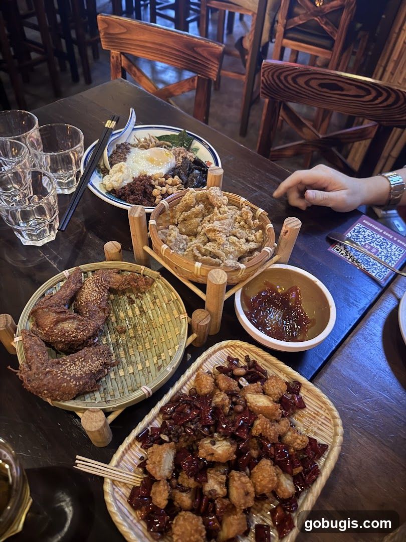Table with various dishes and drinks