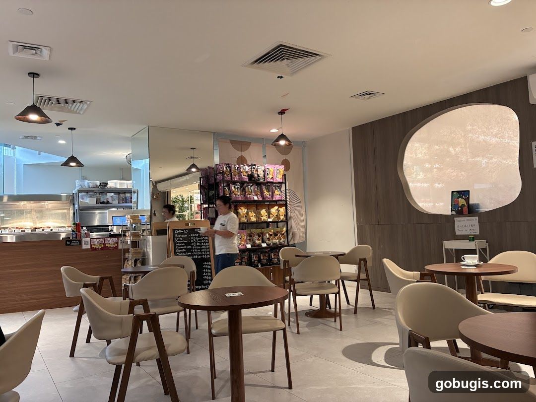 Cafe Interior with Seating and Shelves