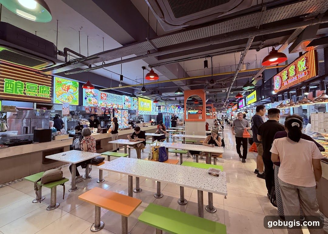 Food court with many stalls and diners