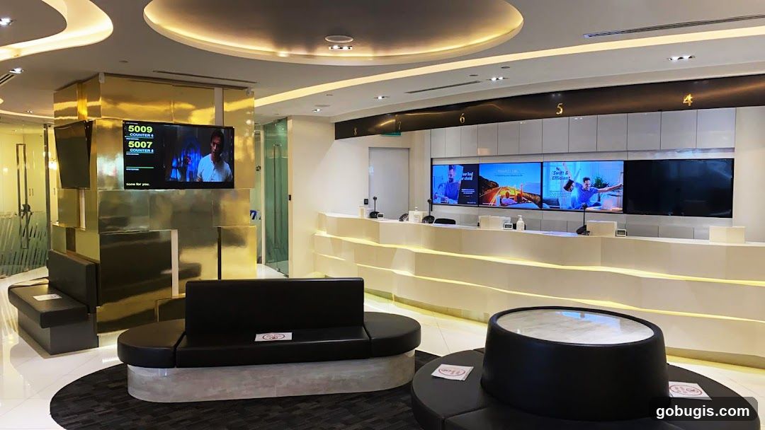 Bank interior with waiting area and service counter