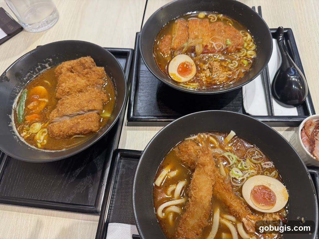Three bowls of Japanese noodle soup