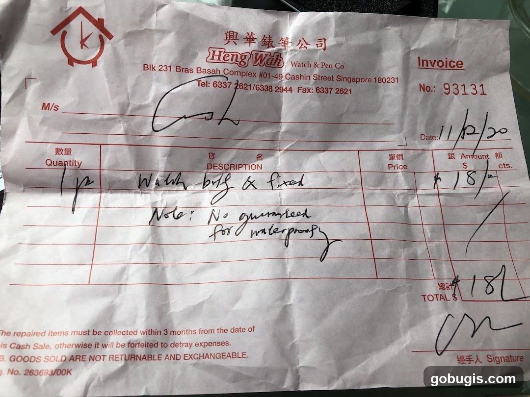 Invoice from Heng Wah Watch & Pen Co.
