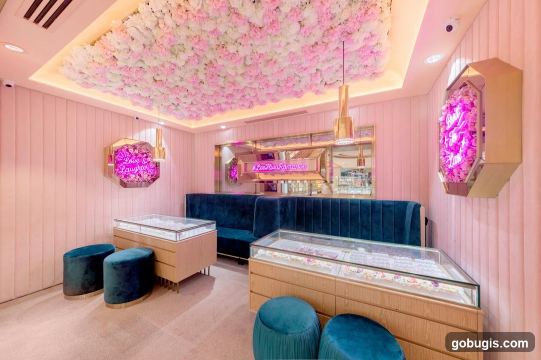 Pink and White Floral Interior with Display Cases