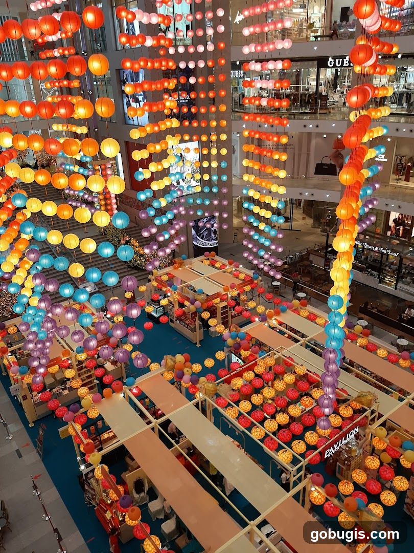 Mall interior decorated with lanterns