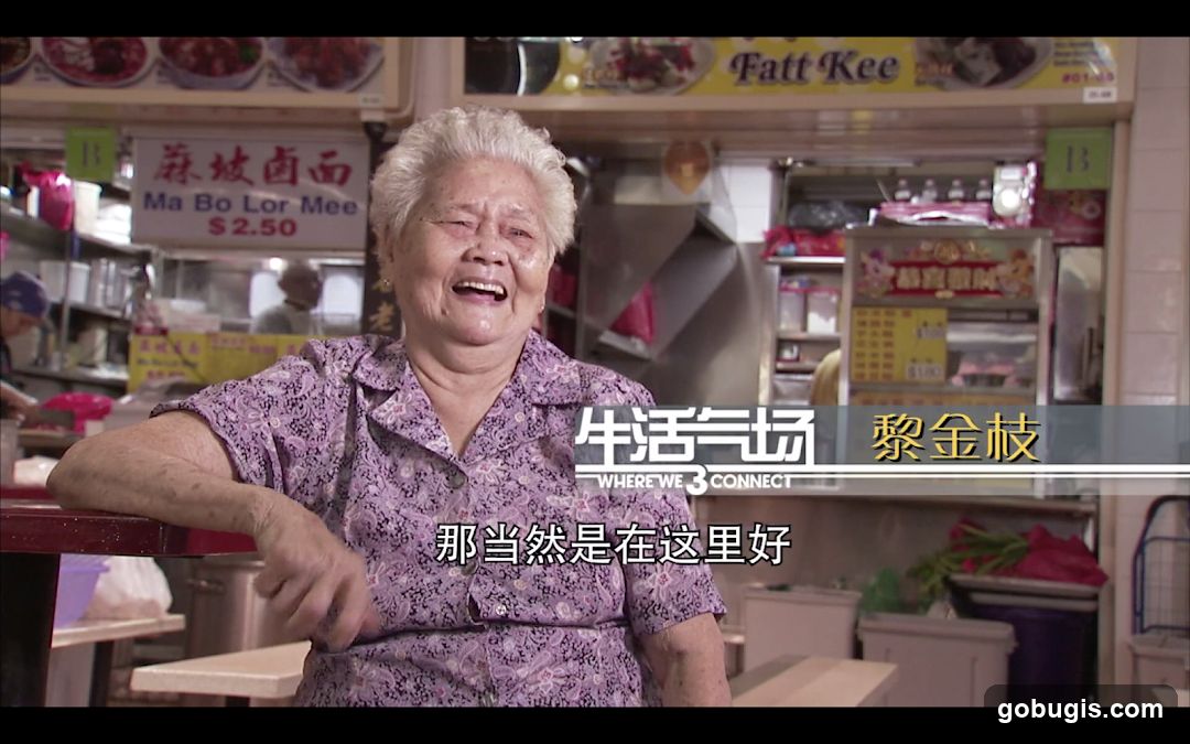 Elderly Woman Laughing in Front of Food Stall