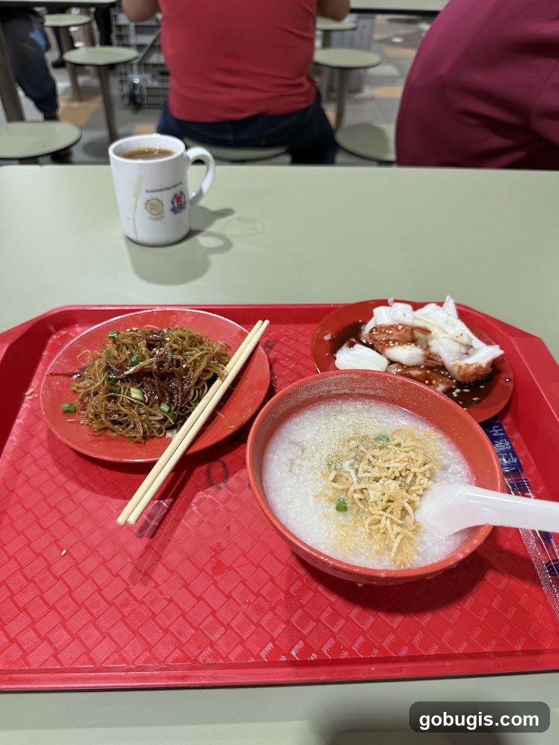 Food Tray with Congee, Noodles, and Rice Rolls