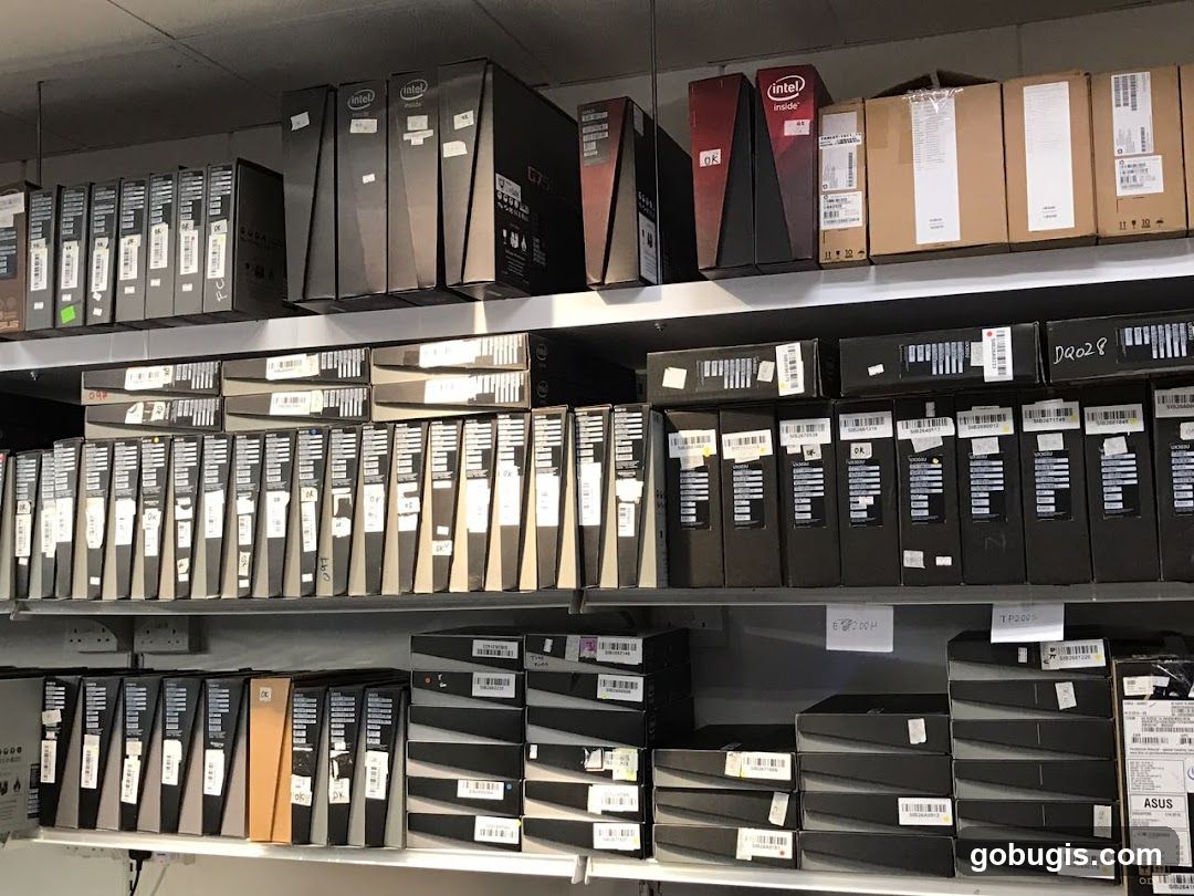 Computer Component Boxes on Shelves