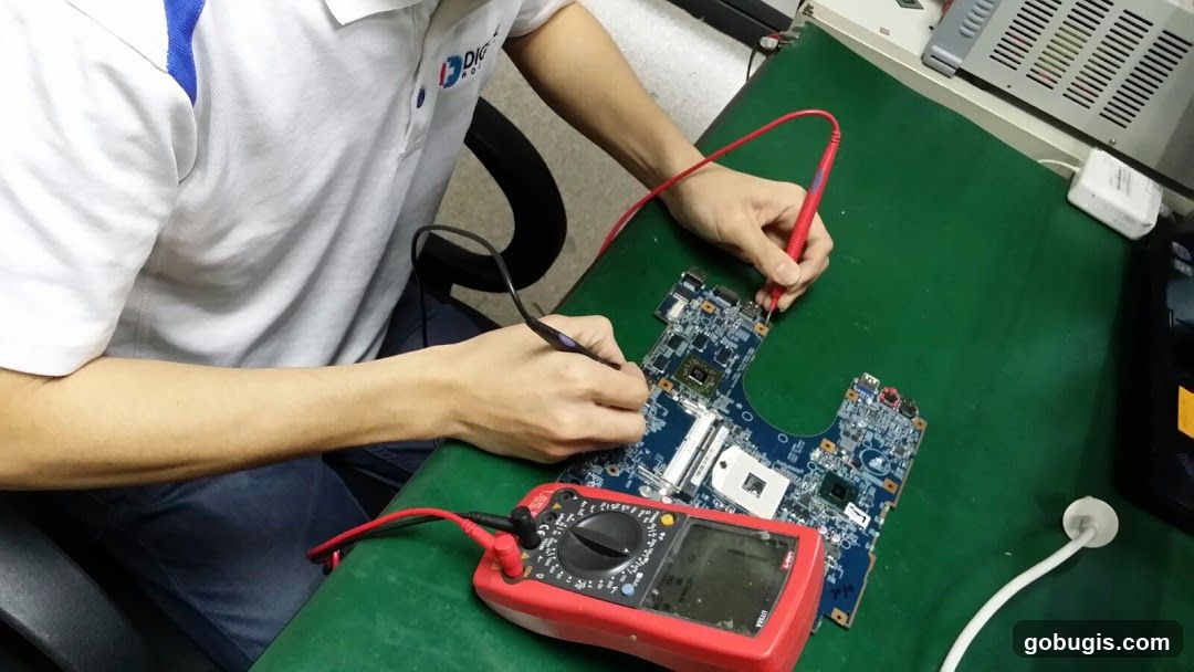 Technician testing a motherboard