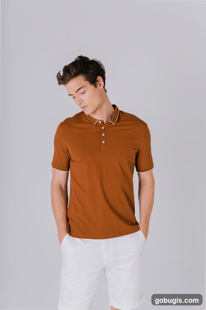 Man in a brown polo shirt and white shorts