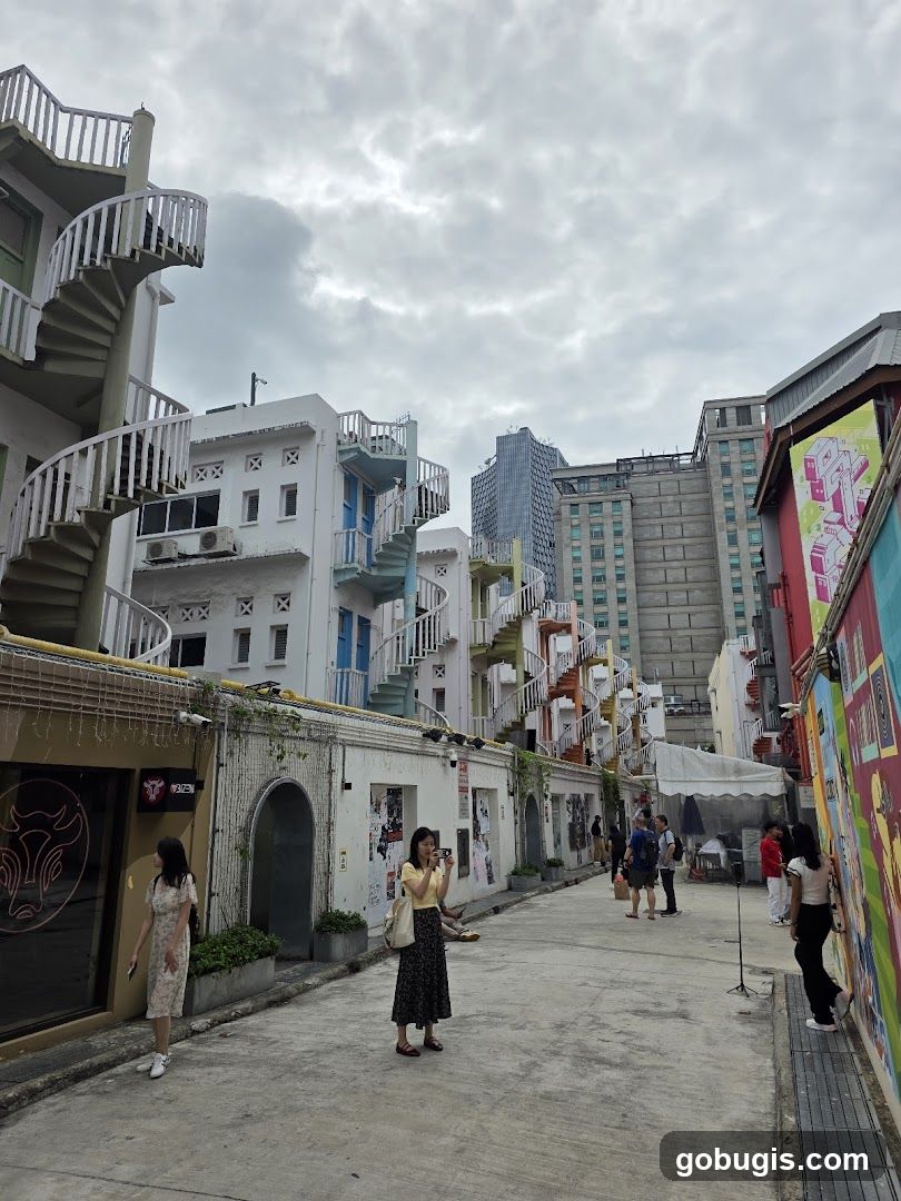 Street with colorful buildings and spiral staircases