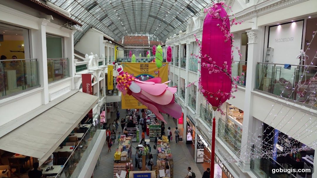 Indoor shopping mall with festive decorations