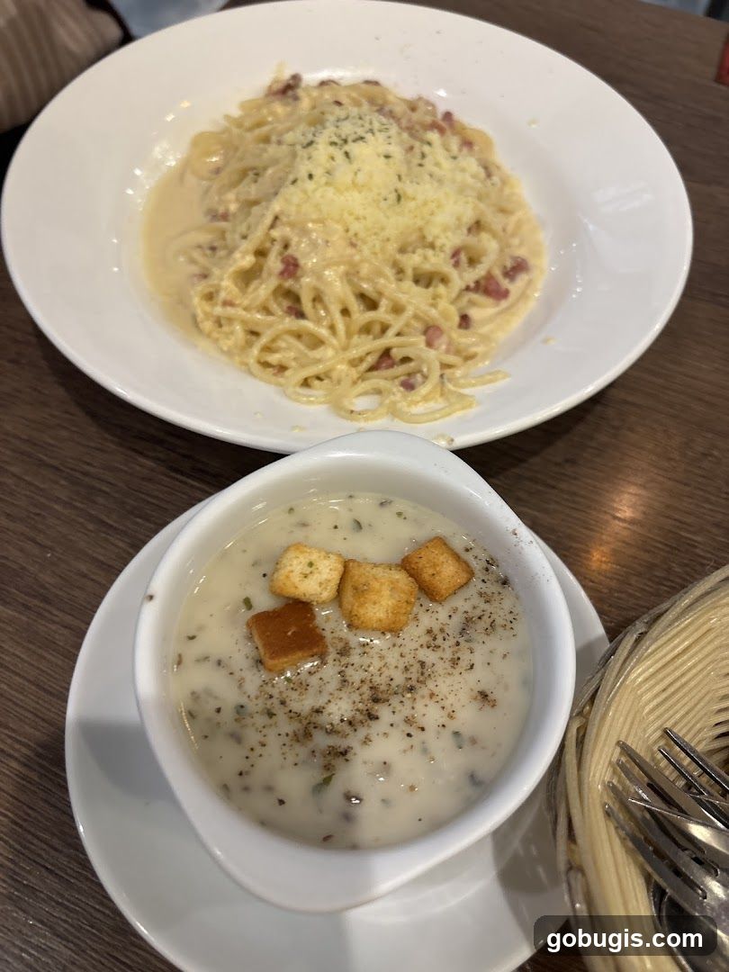 Spaghetti Carbonara and Cream of Mushroom Soup