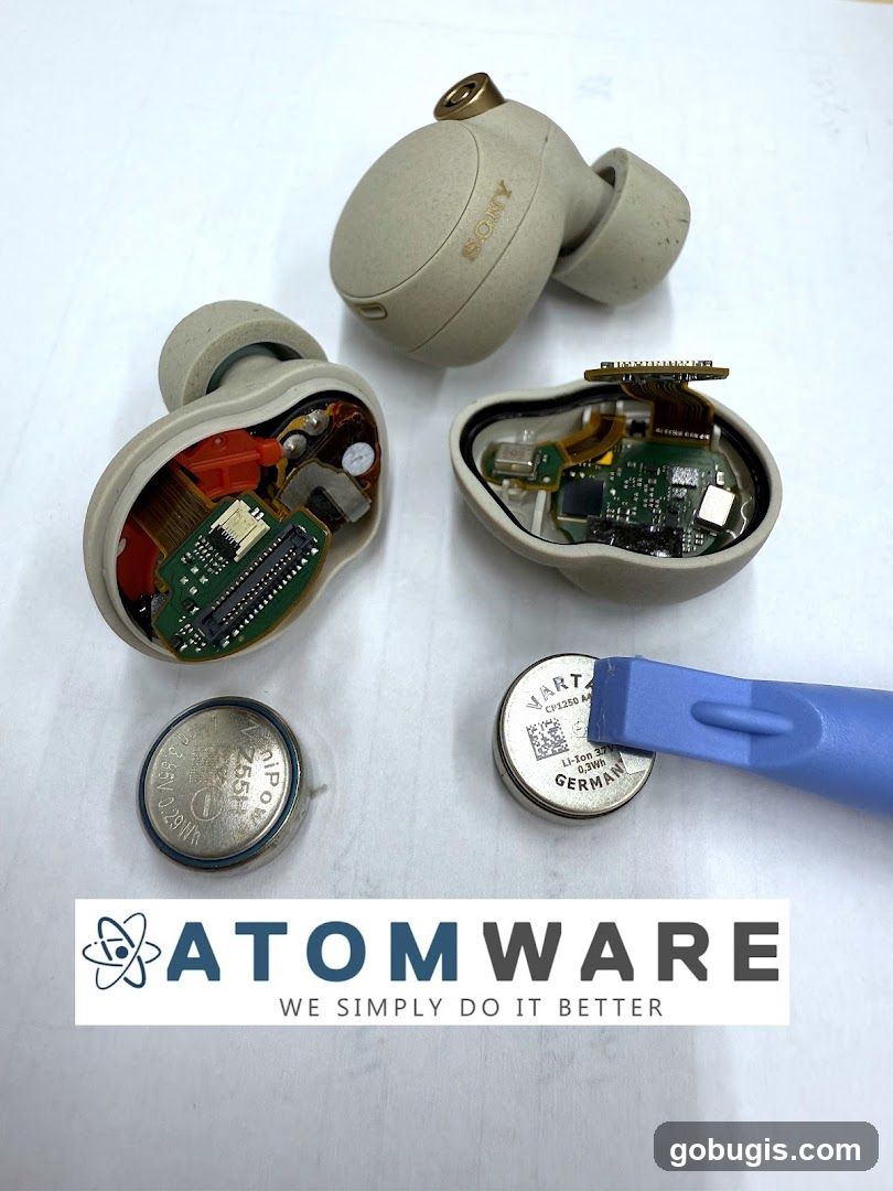 Disassembled Sony Earbuds with Batteries