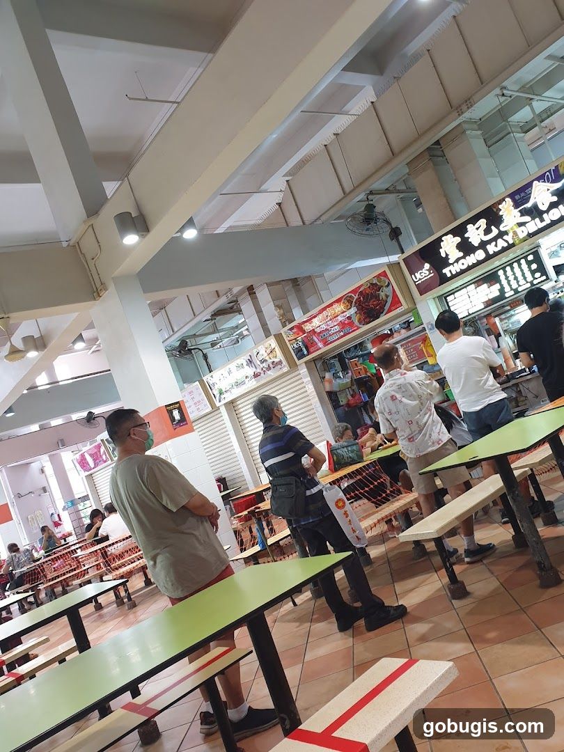 Food court with people queuing