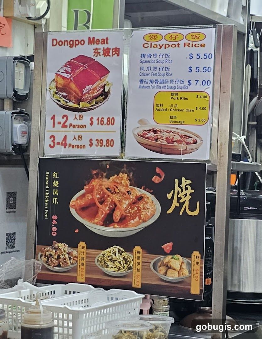 Food stall menu with various dishes