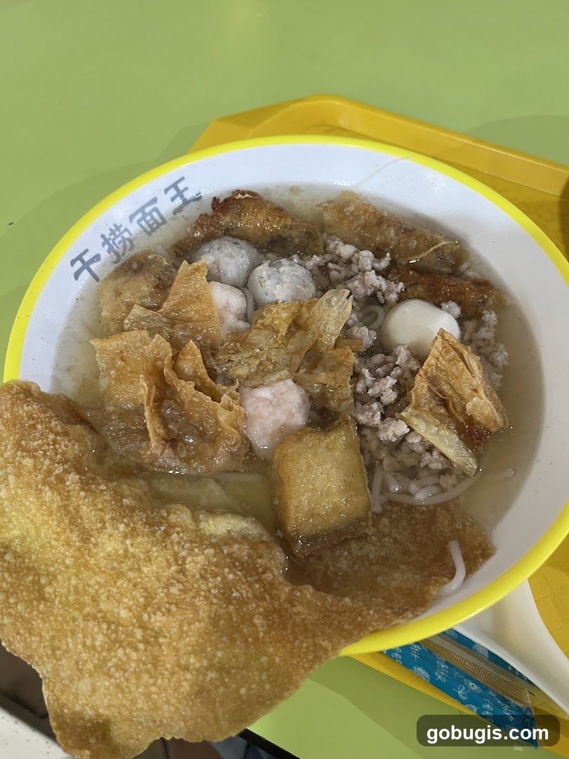 Noodle Soup with Meatballs and Fried Wontons