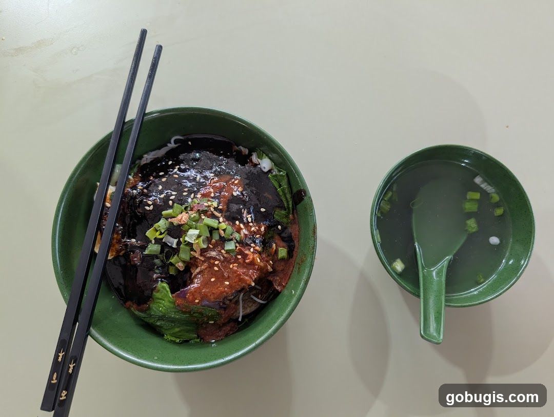 Noodles with dark sauce and a side of soup