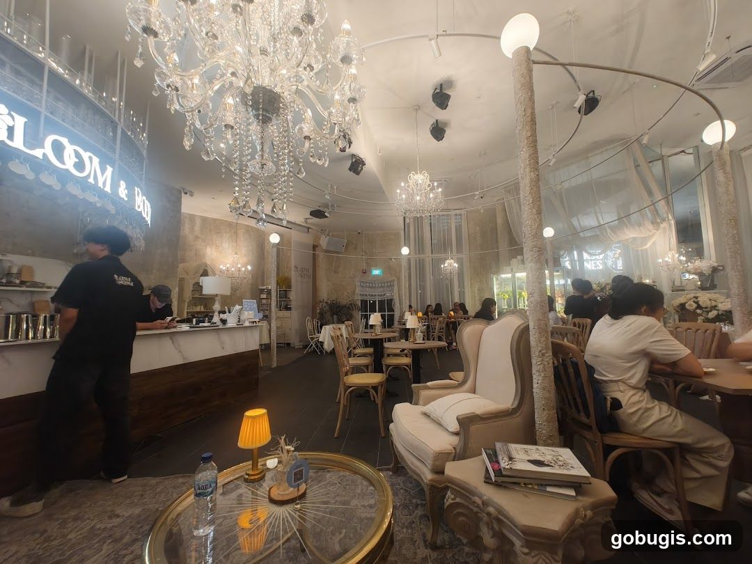 Interior of a cafe with ornate chandeliers