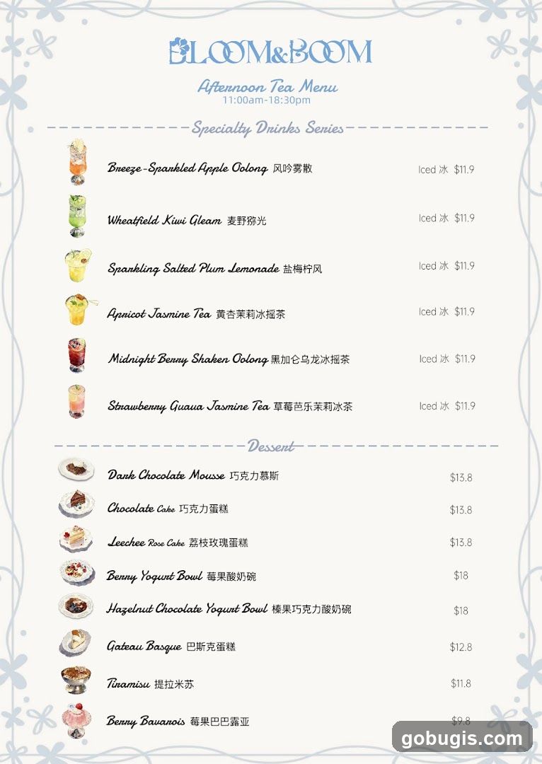 BLOOM&BOOM Afternoon Tea Menu