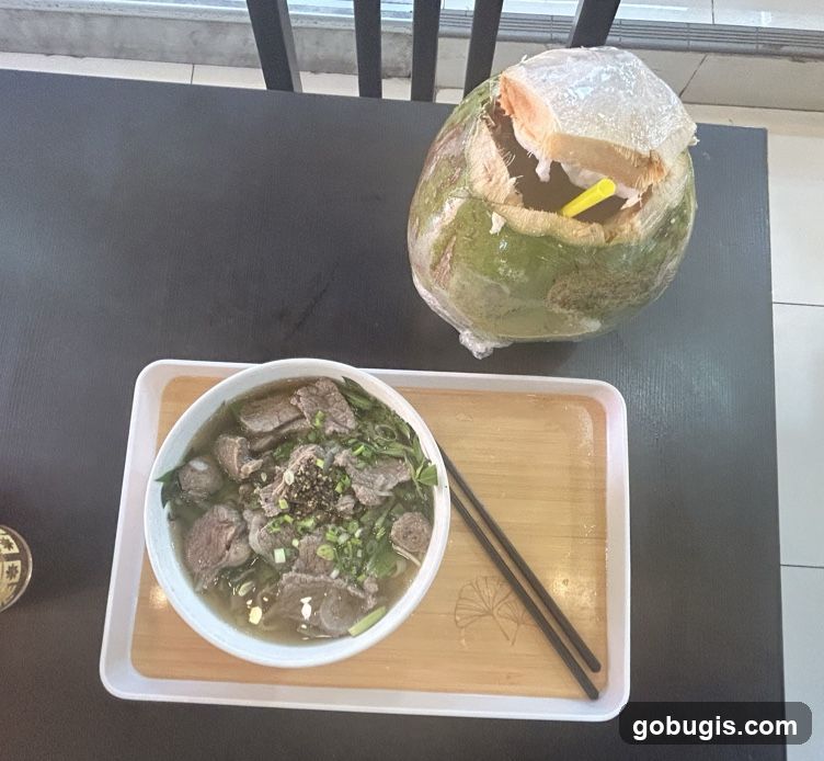 Beef noodle soup and coconut drink