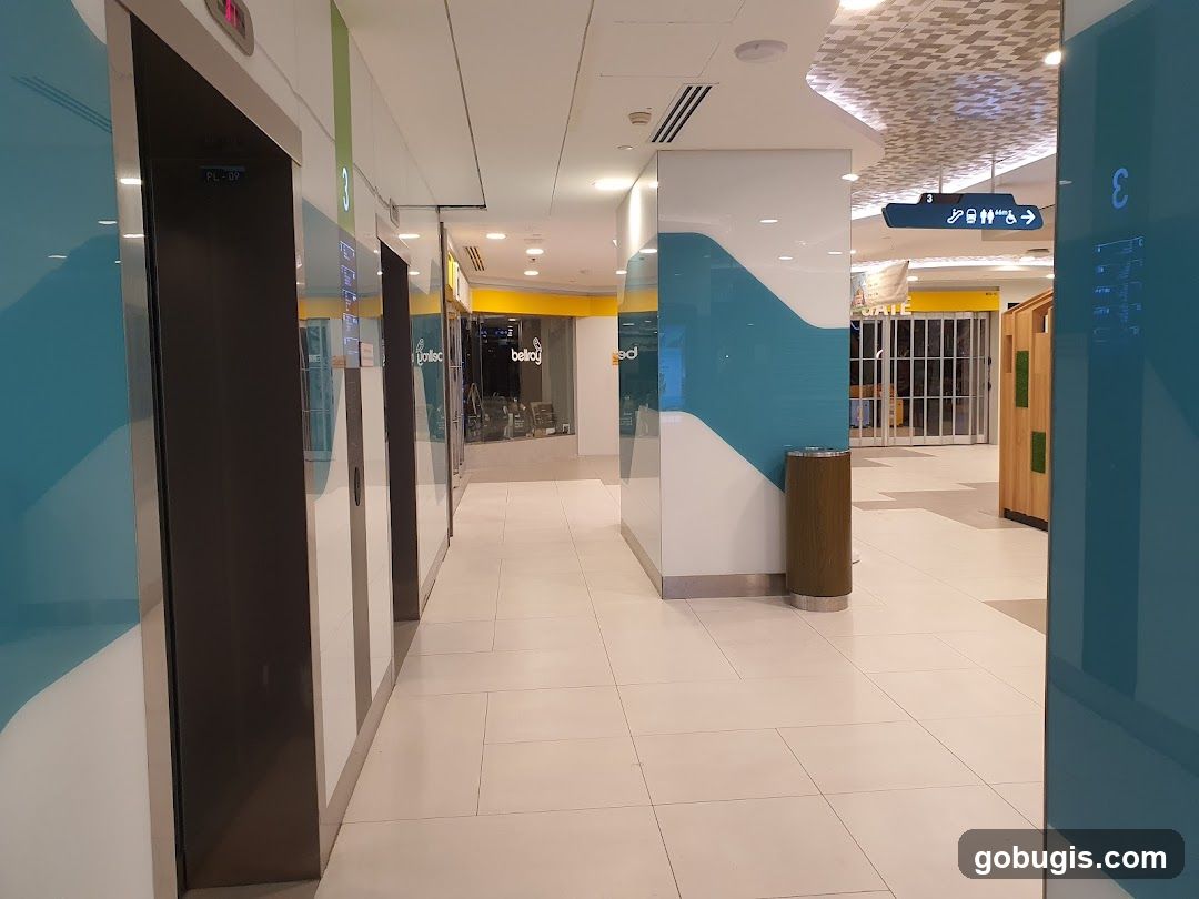 Mall Interior with Elevators and Shops