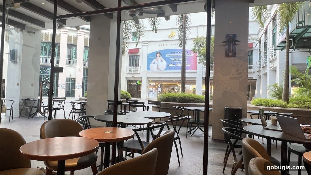 Outdoor Seating Area with Shops in Background