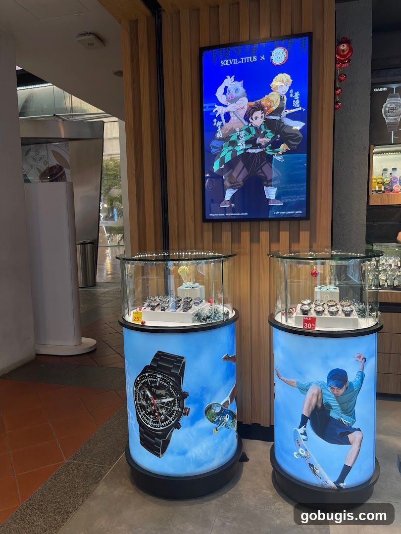 Watch store display with anime advertisement