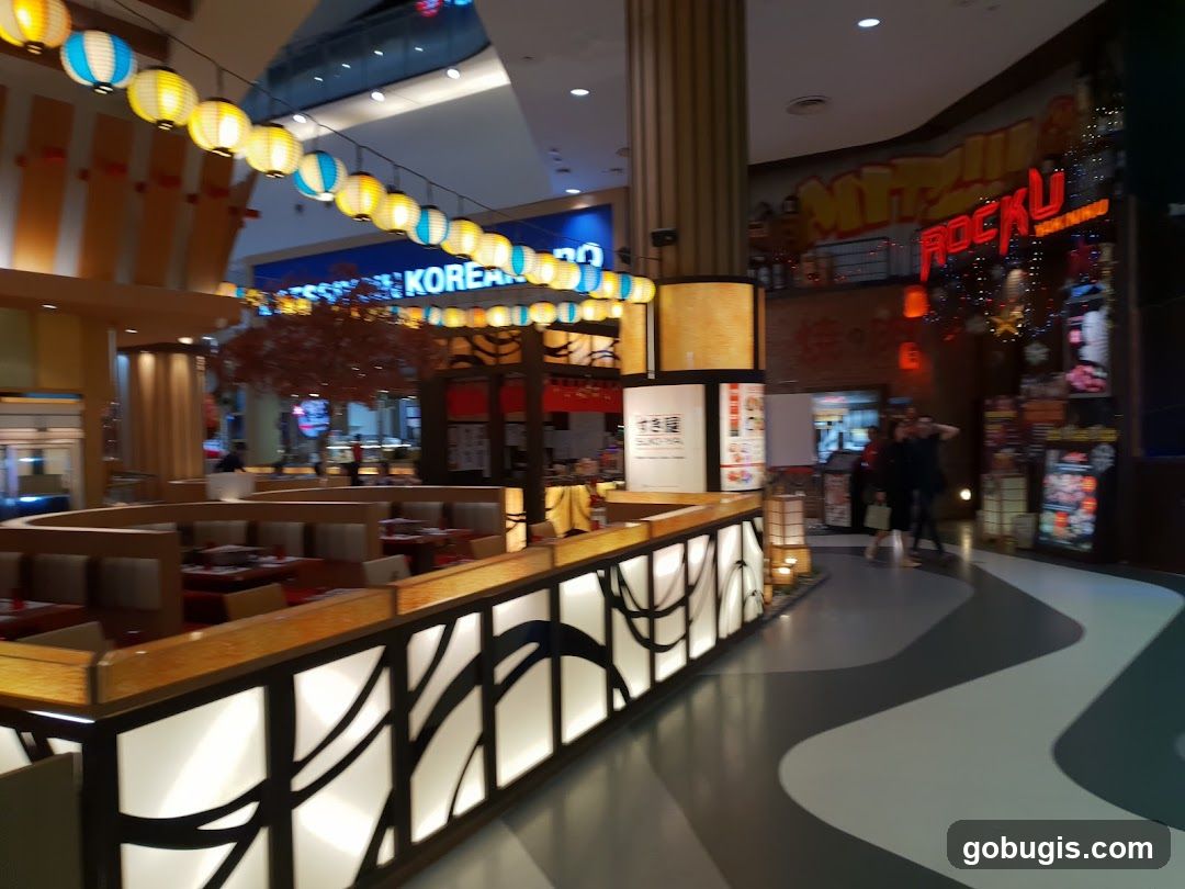 Restaurant Interior with Lanterns and Signage