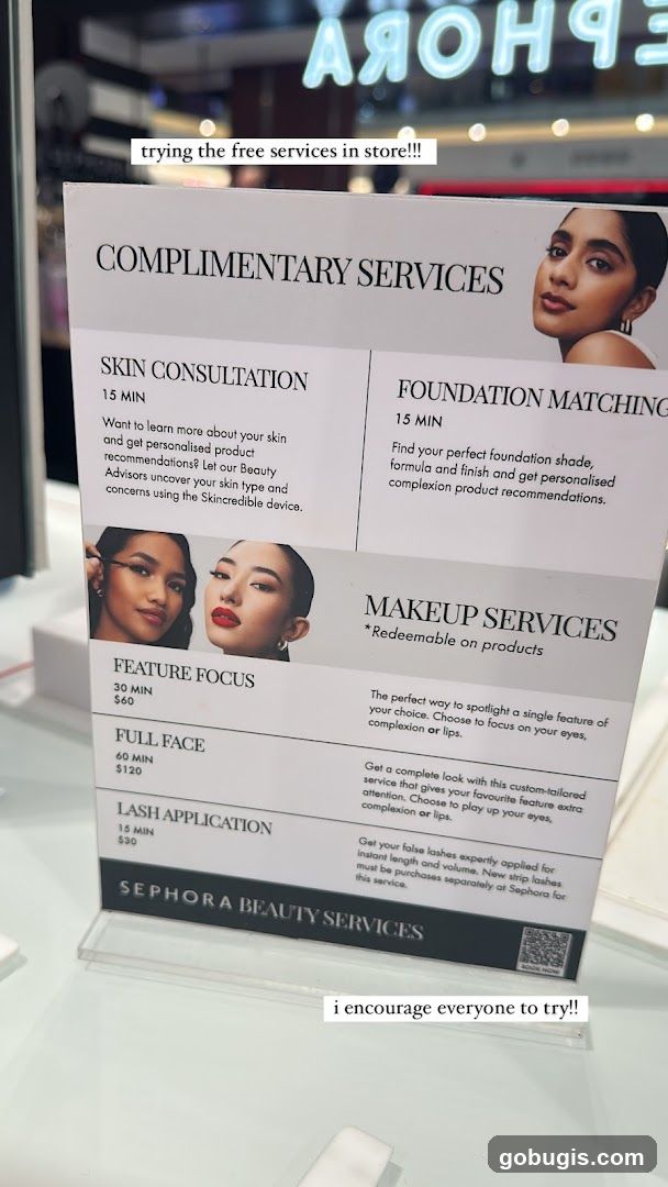 Sephora Complimentary Services Menu
