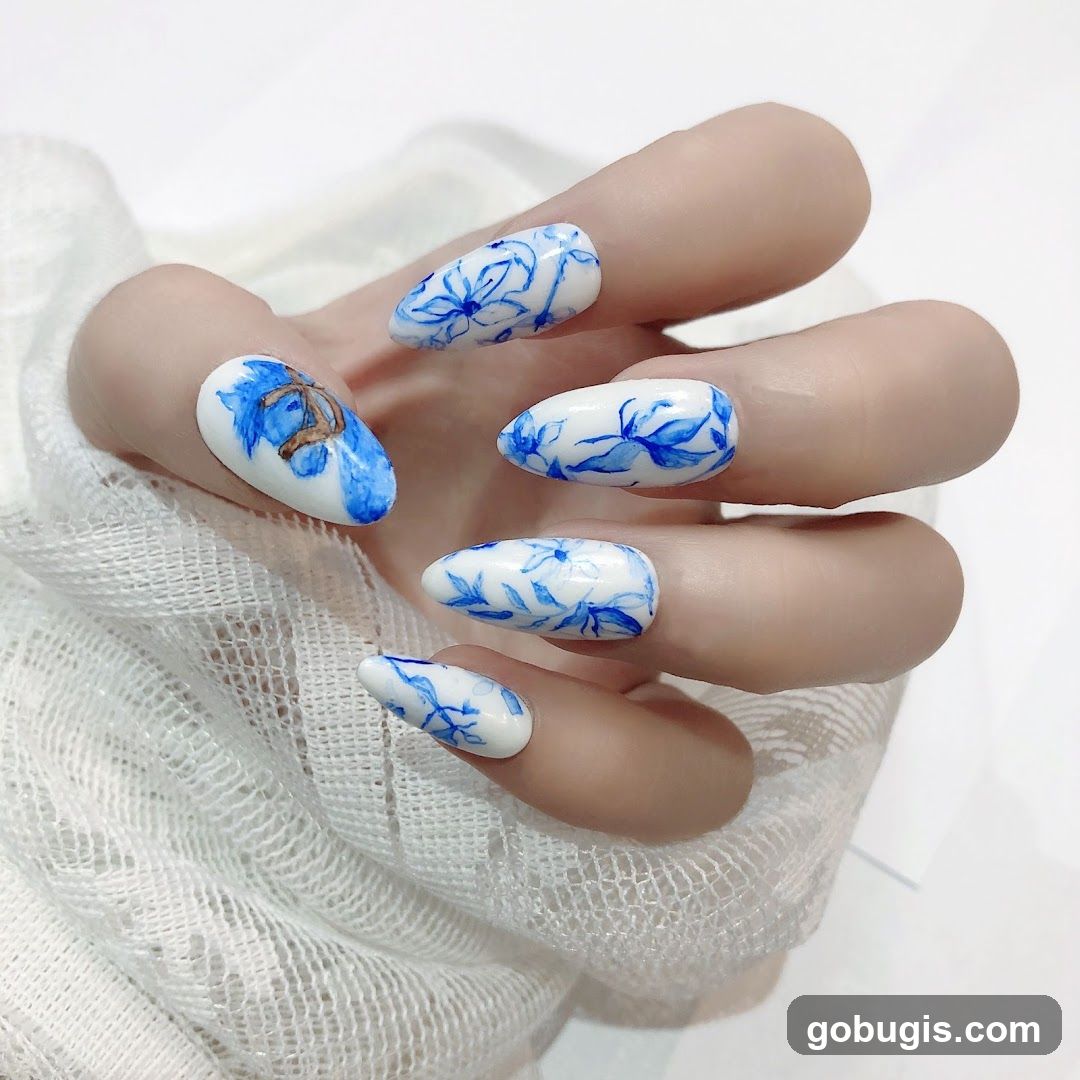 Nails with Blue Floral Design