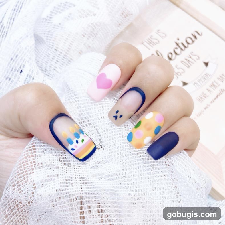 Nail Art with Birthday Cake and Polka Dots