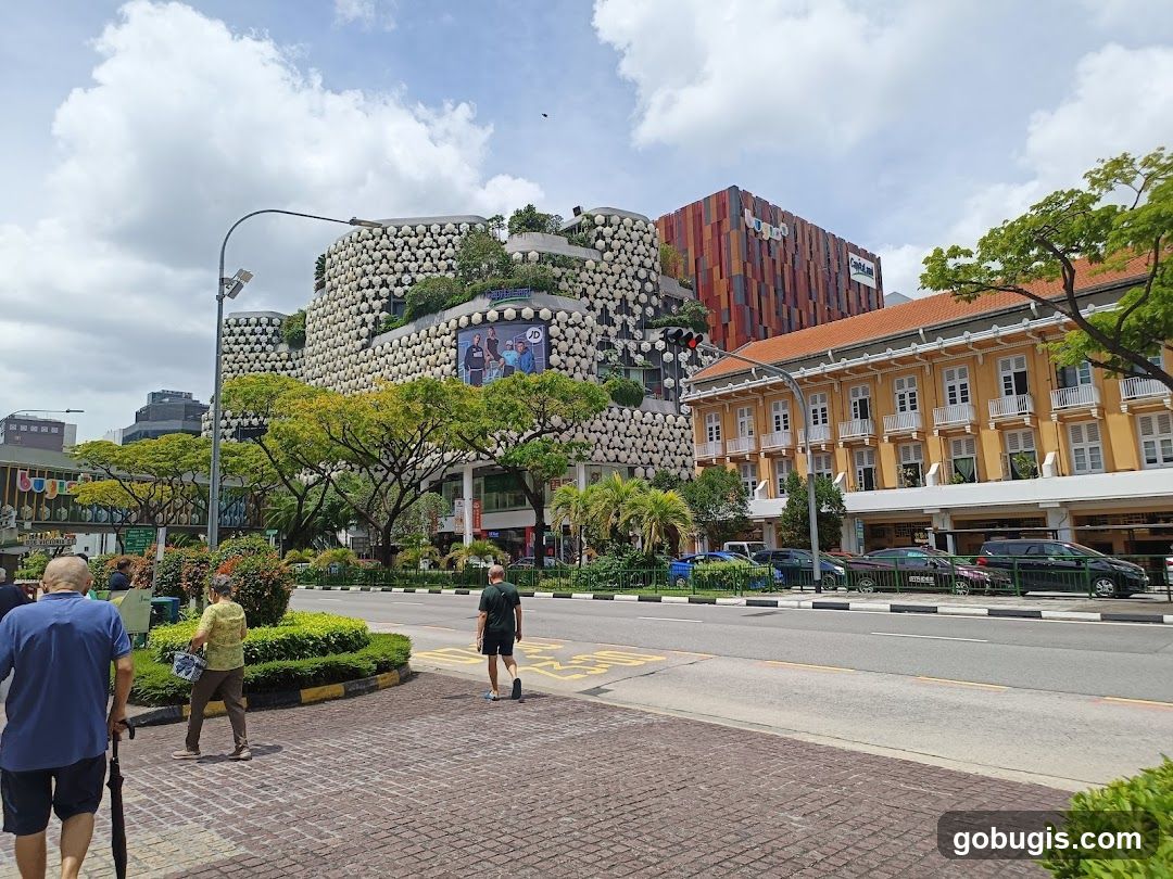 Street view of a modern building with unique facade