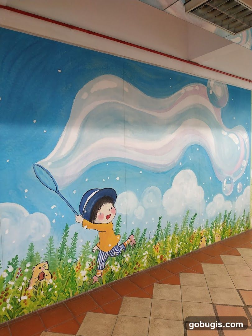 Mural of a child blowing bubbles