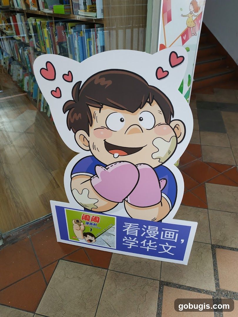 Cartoon character cutout with promotional sign