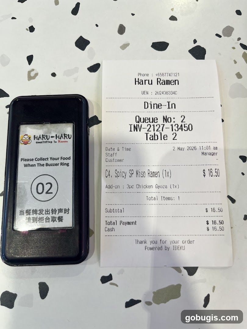 Haru Ramen Receipt and Buzzer