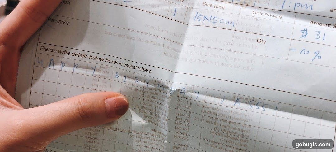 Receipt with handwritten message