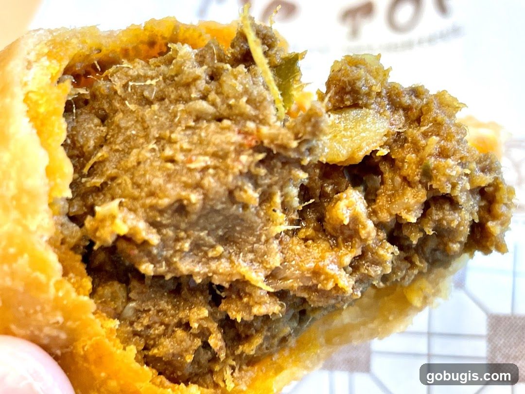 Close-up of a savory pastry filling