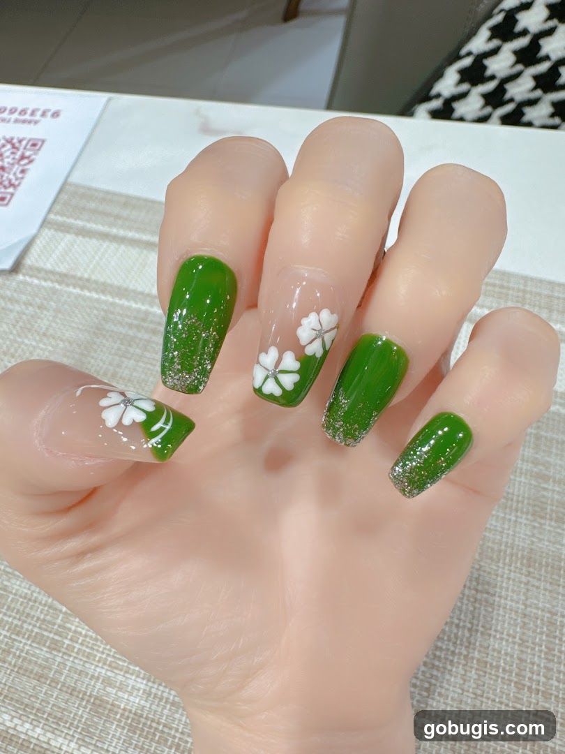Green Nails with White Flower Design