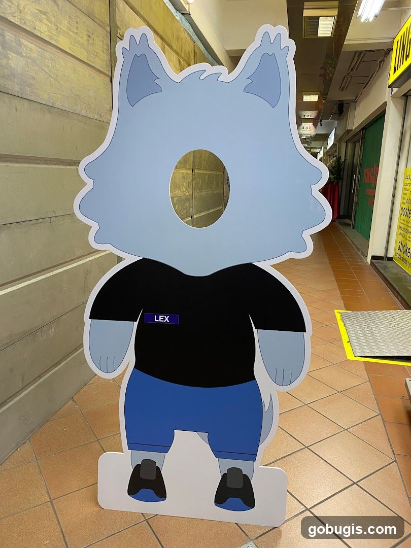 Cardboard cutout of a cartoon wolf character