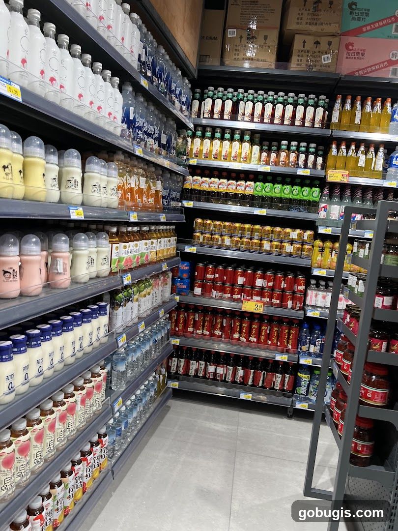 Supermarket Aisles with Beverages and Packaged Goods